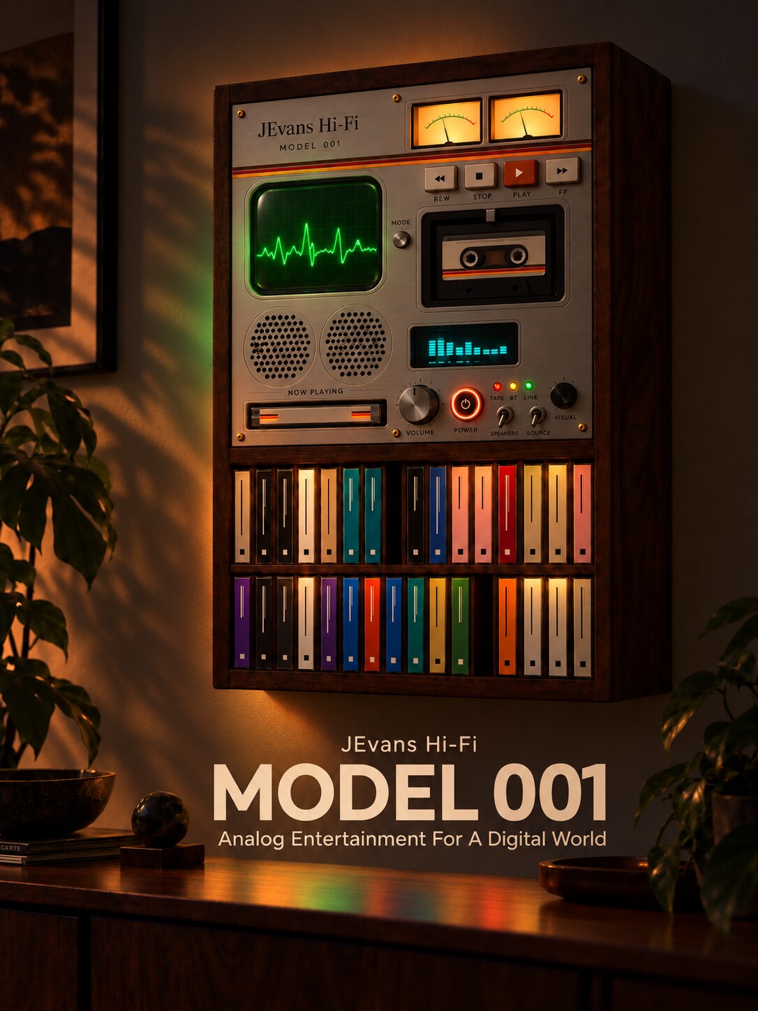 Nighttime concept image of MODEL 001 illuminated by its displays and meters